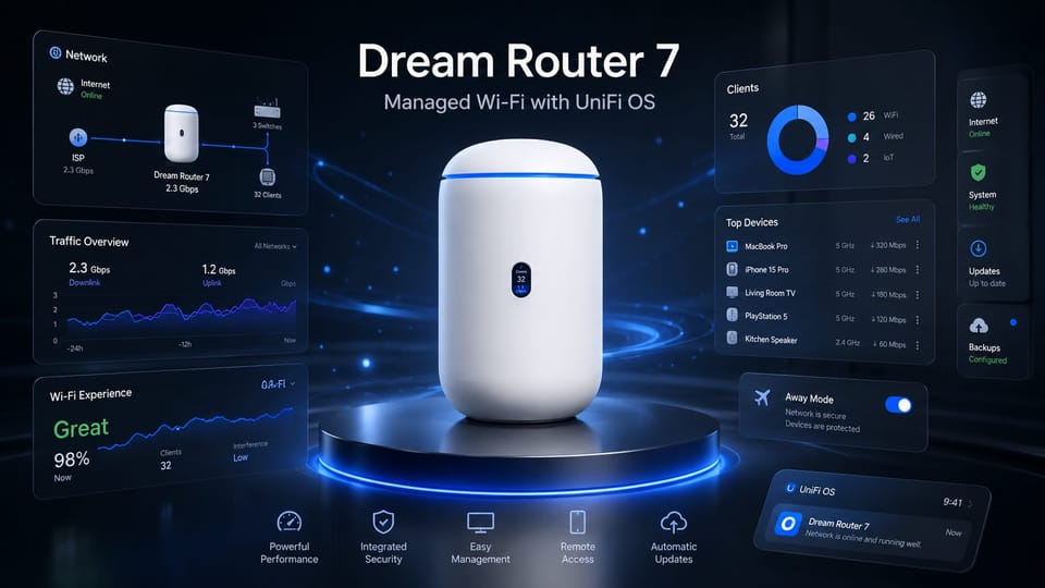 Dream Router 7 managed Wi-Fi system with a network dashboard overview